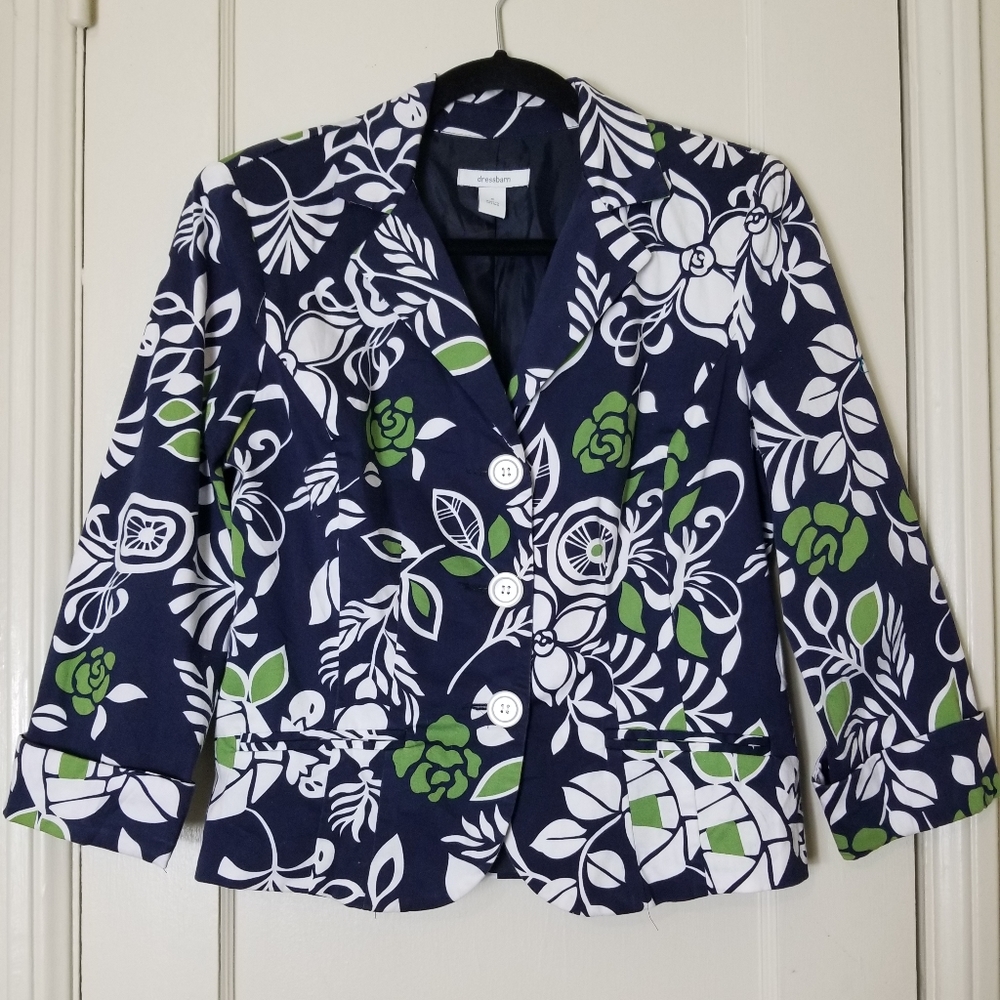 DRESSBARN blue green white floral 3/4 sleeve stretch blazer jacket
